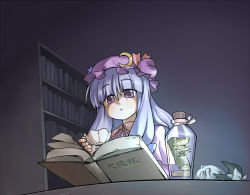 Rule 34 | 1girl, book, bookshelf, crescent, crescent moon, cup, drinking, female focus, fenne, hat, jar, kirisame marisa, library, moon, mushroom, open book, patchouli knowledge, phenne, purple eyes, purple hair, reading, teacup, theft, touhou, translated, voile, witch, witch hat