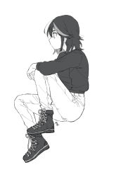 Rule 34 | 1girl, alternate costume, ankle boots, arm support, black eyes, black footwear, black hair, black sweater, boots, casual, cross-laced footwear, elbow on knee, expressionless, eyelashes, from side, greyscale, kazaya, kill la kill, lace-up boots, leg up, long sleeves, looking away, matoi ryuuko, monochrome, multicolored hair, no mouth, pants, pants tucked in, profile, short hair, signature, simple background, solo, streaked hair, sweater, white background