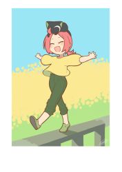 Rule 34 | 1boy, 1girl, animal, animal on head, black cat, black pants, blue sky, blush, border, cat, cat on head, closed eyes, flower, long sleeves, luo xiaobai, luo xiaohei, luo xiaohei (cat), luo xiaohei zhanji, medium hair, no nose, on head, open mouth, pants, pink hair, rkp, shirt, signature, sky, smile, walking, white border, yellow flower, yellow shirt