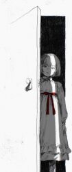 Rule 34 | 1girl, door, dress, expressionless, highres, looking at viewer, machihazure, monochrome, original, red ribbon, ribbon, short hair, sketch, solo, spot color, waist ribbon