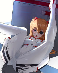 Rule 34 | 1girl, ass, ass focus, ass grab, blue eyes, blush, bodysuit, breasts, covered navel, evangelion: 3.0+1.0 thrice upon a time, eyepatch, from behind, grabbing own ass, hair between eyes, highres, huge ass, interface headset, long hair, looking at viewer, lying, medium breasts, neon genesis evangelion, orange hair, plugsuit, rebuild of evangelion, shiny clothes, skin tight, solo, souryuu asuka langley, spread legs, standing, thighs, two side up, white bodysuit, yakisobaosu