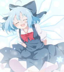 Rule 34 | 1girl, ahoge, blue bow, blue dress, blue hair, blush, bow, cirno, collared shirt, cowboy shot, do (4-rt), dress, closed eyes, facing viewer, fairy, hair between eyes, hair bow, highres, ice, ice wings, open mouth, puffy short sleeves, puffy sleeves, shirt, short hair, short sleeves, smile, solo, touhou, white shirt, wings