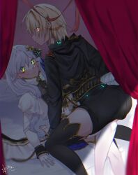 2girls black_cape black_shorts black_thighhighs blonde_hair cape glasses green_eyes grey_hair hair_ornament hair_over_one_eye hair_over_shoulder hairclip heaven_burns_red highres izumi_yuki_(heaven_burns_red) jacket kayamori_ruka long_hair long_sleeves looking_at_viewer low-tied_long_hair match_neco multiple_girls on_bed one_eye_covered pinned red_eyes round_eyewear short_hair shorts thighhighs yuri