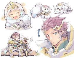 Rule 34 | 1boy, 1girl, 1other, animalization, armor, blue eyes, blue hair, brother and sister, brown gloves, closed mouth, closed eyes, fire emblem, fire emblem heroes, gloves, gradient hair, hair ornament, hood, hood up, hrid (fire emblem), kiran (fire emblem), log, long sleeves, multicolored hair, nakabayashi zun, nintendo, open mouth, parted lips, robe, short hair, siblings, sitting, tiara, white gloves, white hair, ylgr (fire emblem)