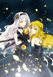 Rule 34 | 2girls, apple, backless dress, backless outfit, bare back, black dress, black gloves, black hairband, blonde hair, breasts, cleavage, dress, elbow gloves, eyebrows, food, fruit, gen (enji), gloves, golden apple, green eyes, hair ornament, hair over shoulder, hairband, holding, holding food, holding fruit, hoshii miki, idolmaster, idolmaster (classic), long hair, looking at viewer, medium breasts, multiple girls, red eyes, shijou takane, silver hair, strapless, strapless dress
