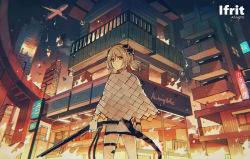Rule 34 | 1girl, aircraft, airplane, animal, arknights, back, bad id, bad pixiv id, bird, blonde hair, bracelet, building, burning, burning building, capelet, character name, closed mouth, copyright name, fire, hair between eyes, hair ornament, holding, holding weapon, ifrit (arknights), jewelry, lococo:p, looking at viewer, looking back, night, night sky, outdoors, paper, red eyes, shop, short hair, sign, sky, solo, storefront, tail, thigh strap, twintails, weapon, white capelet