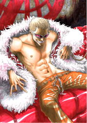 Rule 34 | 1boy, abs, absurdres, anger vein, blonde hair, capri pants, couch, donquixote doflamingo, donquixote pirates, feathers, highres, male focus, one piece, open clothes, open shirt, pants, red upholstery, shirt, short hair, sitting, smile, solo, sunglasses, takumi (marlboro), topless male