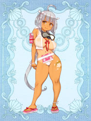 Rule 34 | 1girl, ahoge, ankle ribbon, beret, blunt bangs, breasts, closed mouth, covered erect nipples, feet, flip-flops, full body, goggles, goggles around neck, hair rings, hat, large breasts, leg ribbon, long hair, navel, nipples, one-piece tan, psychic hearts, ribbon, ryoji (nomura ryouji), sandals, see-through, silver hair, smile, solo, tan, tanline, tattoo, toes, two side up, very long hair, wrist ribbon, yellow eyes