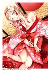 Rule 34 | 1girl, 2013, barefoot, blonde hair, blue eyes, branch, cherry blossoms, dated, floral print, flower, from above, hair flower, hair ornament, hairband, head tilt, highres, holding, holding branch, japanese clothes, kimono, legs, long hair, long sleeves, nishieda, non-web source, off shoulder, original, page number, petals, sliding doors, solo, wide sleeves