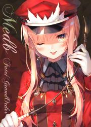 Rule 34 | 1girl, :p, ascot, black ascot, blush, breasts, character name, copyright name, fate/grand order, fate (series), gloves, hand up, hat, highres, holding, jacket, long hair, long sleeves, looking at viewer, medb (alluring chief warden look) (fate), medb (fate), medium breasts, one eye closed, peaked cap, pink hair, red hat, red jacket, riding crop, smile, solo, tongue, tongue out, toosaka asagi, upper body, white gloves, yellow eyes