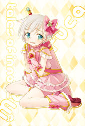 Rule 34 | 1boy, alfa system, blue eyes, blush, boots, bow, character name, crossdressing, dress, english text, hair bow, male focus, ooasan, ruca milda, shorts, sitting, solo, sword, tales of (series), tales of innocence, tears, weapon, white hair