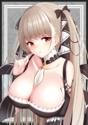 Rule 34 | 1girl, arm under breasts, azur lane, bare shoulders, between breasts, black dress, blush, breasts, cleavage, dress, earrings, flight deck, formidable (azur lane), frilled dress, frills, hair ornament, hair ribbon, hand up, jewelry, large breasts, leaning forward, light brown hair, long hair, long sleeves, looking at viewer, parted lips, red eyes, ribbon, rigging, solo, twintails, upper body, zukky