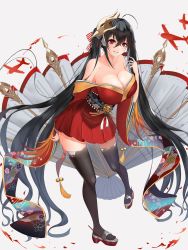 Rule 34 | 1girl, absurdly long hair, ahoge, aircraft, airplane, azur lane, bare shoulders, black hair, black thighhighs, blush, breasts, cleavage, collarbone, crossed bangs, feathers, folding fan, full body, grey background, hair between eyes, hair ornament, hair ribbon, hand fan, hand up, highres, huge breasts, japanese clothes, kimono, large breasts, long hair, looking at viewer, mask, mask on head, minoshi, obi, parted lips, red eyes, red kimono, red ribbon, ribbon, rigging, rudder footwear, sash, sidelocks, simple background, smile, solo, striped ribbon, taihou (azur lane), thighhighs, very long hair, wide sleeves