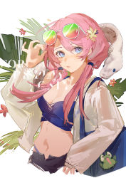 Rule 34 | 1girl, 9degree, absurdres, arknights, aviator sunglasses, bag, bikini, bikini top only, blue bikini, blue eyes, blue poison (arknights), breasts, cleavage, closed mouth, collarbone, cowboy shot, eyewear on head, flower, frog, hair flower, hair ornament, hair tie, hand up, highres, jacket, long hair, looking at viewer, midriff, navel, pink hair, plant, shoulder bag, simple background, snake, solo, sunglasses, swimsuit, symbol-only commentary, translucent, twintails, white background, white jacket, white snake