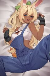 Rule 34 | 1girl, animal ear fluff, black gloves, blonde hair, blue eyes, blue overalls, bow, bra, breasts, carrot, commission, cropped sweater, dark-skinned female, dark skin, freckles, gloves, green bow, hair between eyes, hair bow, highres, lying, on back, open mouth, original, overalls, rabbit girl, ribbed sweater, short eyebrows, sleeveless, sleeveless sweater, solo, sweater, teeth, torn clothes, torn overalls, tostantan, underwear, upper teeth only, white bra