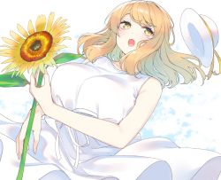 Rule 34 | 1girl, blonde hair, blush, breasts, copyright request, dress, fingernails, floating hat, flower, hat, hat ribbon, holding, holding flower, huge breasts, medium hair, nekoume, open mouth, ribbon, solo, sunflower, white dress, white hat, white ribbon, yellow eyes, yellow ribbon