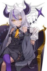 Rule 34 | 1girl, absurdres, ahoge, ascot, bare shoulders, black horns, braid, braided bangs, breasts, crossed legs, detached sleeves, elbow rest, grey hair, highres, hololive, horns, la+ darknesss, la+ darknesss (1st costume), looking at viewer, maririri111, multicolored hair, nail polish, o-ring, pointy ears, purple hair, purple thighhighs, sitting, small breasts, solo, streaked hair, striped horns, thighhighs, virtual youtuber, yellow ascot