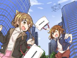 Rule 34 | &gt;:d, 2girls, :d, blush, brown eyes, brown hair, casual, city, commentary request, darkside, day, fang, folded ponytail, ikazuchi (kancolle), inazuma (kancolle), jacket, kantai collection, mitsukoshi (department store), multiple girls, one eye closed, signature, sketch, sky, v-shaped eyebrows