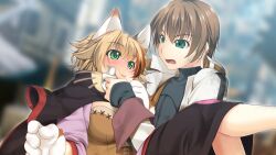 Rule 34 | 1boy, 1girl, alto travers, animal ears, animal hands, atelier-moo, bare legs, blush, breasts, brown hair, carrying, cat ears, cat girl, closed mouth, feline sora, gloves, green eyes, hair between eyes, handkerchief, highres, holding, holding handkerchief, large breasts, long sleeves, multicolored hair, open mouth, paw gloves, princess carry, short hair, smile, standing, streaked hair, town, wizards symphony
