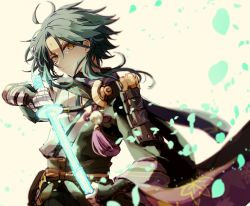 Rule 34 | 1boy, absurdres, ahoge, armor, bandaged hand, bandages, black gloves, closed mouth, cosplay, drawing sword, facial mark, fingerless gloves, forehead mark, genshin impact, gloves, glowing, glowing weapon, green hair, highres, holding, holding sword, holding weapon, japanese armor, japanese clothes, kaedehara kazuha, kaedehara kazuha (cosplay), leaf, leaf print, male focus, ryu genshin77, simple background, solo, sword, tassel, upper body, weapon, xiao (genshin impact), yellow background, yellow eyes