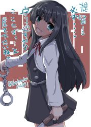 Rule 34 | 1girl, absurdres, asashio (kancolle), asashio kai ni (kancolle), black hair, blue eyes, character name, commentary request, cowboy shot, cuffs, dress, handcuffs, highres, holding, jacket, kantai collection, kitahama (siroimakeinu831), knife, long hair, long sleeves, looking at viewer, pinafore dress, shaded face, simple background, sleeveless dress, solo, text background, translation request, twitter username, white background, white jacket, yandere