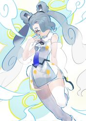 Rule 34 | 1girl, bare shoulders, blue eyes, blue hair, blue nails, closed mouth, creatures (company), detached sleeves, double bun, flying miku (project voltage), fur collar, game freak, grey hair, hair bun, hair over one eye, hand up, hatsune miku, highres, kikishuiyin111, long hair, looking at viewer, multicolored hair, nail polish, nintendo, pokemon, project voltage, see-through, see-through shorts, see-through sleeves, shorts, solo, standing, standing on one leg, twintails, very long hair, vocaloid, white shorts, wind chime