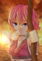 Rule 34 | 1girl, aiming, aiming at viewer, akatsuki no yona, arrow (projectile), blue eyes, blurry, bow (weapon), breasts, depth of field, dress, gradient background, japanese clothes, looking at viewer, outdoors, pink hair, rain, short hair, solo, sunset, upper body, water, weapon, wet, yona (akatsuki no yona)
