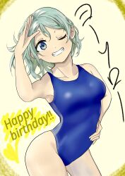 Rule 34 | 1girl, blue eyes, breasts, brown hair, competition swimsuit, highres, hinamaru illust, looking at viewer, love live!, love live! sunshine!!, medium breasts, one-piece swimsuit, salute, short hair, simple background, solo, swimsuit, thighs, watanabe you, wavy hair