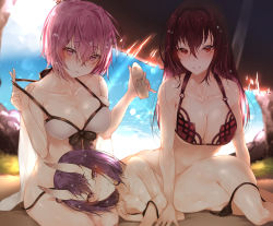 Rule 34 | 3girls, :t, absurdres, arm up, bad id, bad pixiv id, bare arms, bare shoulders, beach, beach umbrella, bikini, black bikini, black bow, blush, bow, breasts, cleavage, closed mouth, collarbone, day, fang, fang out, fate/grand order, fate (series), front-tie bikini top, front-tie top, groin, hair between eyes, hair intakes, highres, holding, horns, hplay, large breasts, leaning forward, lens flare, long hair, looking at viewer, lotion, lotion bottle, lying, mash kyrielight, multiple girls, navel, ocean, on side, outdoors, parted lips, pink eyes, pink hair, pout, pulling own clothes, purple eyes, purple hair, red bikini, red eyes, red hair, scathach (fate), scathach (fate/grand order), scathach (swimsuit assassin) (fate), shade, shiny skin, short hair, shuten douji (fate), side-tie bikini bottom, sitting, skin-covered horns, skindentation, small breasts, smile, sparkle, stomach, strap pull, sun lotion, sunlight, sunscreen, swimsuit, umbrella, untied bikini, water, white bikini