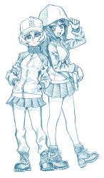 Rule 34 | adjusting clothes, adjusting headwear, ankle boots, ankle socks, baseball cap, bbb (friskuser), blue theme, boots, carrying, closed mouth, commentary, full body, girls und panzer, hands in pockets, hat, heel up, highres, instrument, jacket, kantele, keizoku military uniform, light frown, long hair, long sleeves, looking at viewer, mika (girls und panzer), military, military uniform, miniskirt, monochrome, open mouth, pants, pants under skirt, pleated skirt, raglan sleeves, short hair, single vertical stripe, skirt, smile, socks, standing, track jacket, track pants, tulip hat, uniform, youko (girls und panzer)