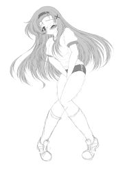 Rule 34 | 1girl, between legs, blush, breasts, buruma, embarrassed, female focus, full body, glasses, greyscale, gym uniform, hair ornament, hand between legs, have to pee, headband, highres, kishima tower, kneehighs, knees together feet apart, long hair, medium breasts, monochrome, one eye closed, original, own hands together, pigeon-toed, shirt, shoes, short sleeves, simple background, sketch, socks, solo, standing, trembling, v arms, white background, x hair ornament