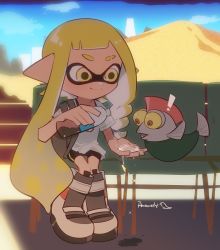 Rule 34 | !, agent 3 (splatoon 3), amawashi (1004), artist name, asymmetrical hair, bike shorts, blonde hair, blue sky, blunt bangs, boots, bottle, braid, bulging eyes, chair, closed mouth, cloud, colored sclera, day, desert, holding, holding bottle, inkling, inkling girl, inkling player character, knee boots, legs together, motion lines, multicolored footwear, nintendo, outdoors, pointy ears, salmonid, sand, shadow, shirt, short sleeves, single braid, single tooth, single vertical stripe, sitting, sky, smallfry (splatoon), smile, sparkle, splatoon (series), splatoon 3, t-shirt, tentacle hair, water, water bottle, white shirt, yellow eyes, yellow sclera