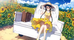 Rule 34 | 1girl, absurdres, bare legs, bare shoulders, black hair, blue eyes, braid, breasts, cloud, day, detached collar, dress, dutch angle, field, flower, flower field, hair ornament, hair over shoulder, hairclip, hand on headwear, hat, highres, kantoku, light smile, looking at viewer, medium breasts, miyaguchi hiromi, motor vehicle, no socks, original, parted lips, pickup truck, scan, shaded face, sitting, sky, solo, straw hat, suitcase, sun hat, sunflower, sunflower field, truck, twin braids, vehicle, yellow dress