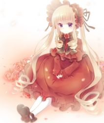 Rule 34 | 1girl, bad id, bad pixiv id, blonde hair, bow, capelet, dress, hat, kyoro (r y o c ovv), lolita fashion, long hair, long sleeves, purple eyes, red dress, red eyes, rozen maiden, shinku, sitting, solo, twintails, very long hair