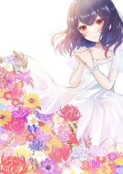 Rule 34 | 1girl, absurdres, blush, clothes lift, dress, dress lift, flower, highres, idolmaster, idolmaster shiny colors, looking at viewer, medium hair, morino rinze, namamake, open mouth, pinafore dress, purple hair, red eyes, simple background, sleeveless dress, solo, standing, sundress, white background, white dress