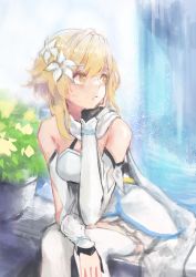 Rule 34 | 1girl, bare shoulders, blonde hair, breasts, bush, closed mouth, detached sleeves, dress, flower, genshin impact, hair between eyes, hair flower, hair ornament, hand on own face, highres, level9kaito, looking to the side, lumine (genshin impact), medium breasts, sitting, solo, water, white dress, white legwear, yellow eyes