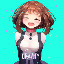Rule 34 | 1girl, :d, arms behind back, blue background, blush, bodysuit, boku no hero academia, breasts, brown hair, character name, closed eyes, confetti, highres, lixiao lang, medium breasts, medium hair, open mouth, simple background, smile, solo, teeth, upper body, upper teeth only, uraraka ochako