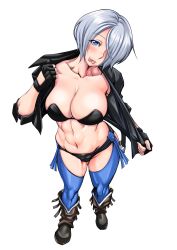 Rule 34 | abs, absurdres, angel (kof), boots, bra, breasts, chaps, cowboy boots, cropped jacket, daikokuya yenjaku, fingerless gloves, gloves, hair over one eye, highres, jacket, large breasts, leather, leather jacket, looking at viewer, simple background, snk, solo, strapless, strapless bra, the king of fighters, the king of fighters xiv, toned, underwear, white hair