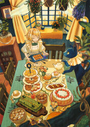 Rule 34 | 1girl, animal, blonde hair, bow, bowl, bowtie, braid, cake, cat, chair, closed eyes, clothed animal, cookie, cup, cupcake, curtains, day, dress, food, fork, from above, green bow, green bowtie, hanging plant, herb bundle, highres, holding, holding tray, honey, indoors, knife, leaf, macaron, original, painting (object), plant, potted plant, pudding, puffy sleeves, rope, saucer, scenery, short hair, single braid, smile, spoon, swept bangs, table, tami yagi, tea, tea set, teacup, teapot, tiered tray, tray, vase, white dress, wide shot, window