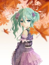 Rule 34 | 1girl, closed mouth, date a live, detached sleeves, flower, frilled sleeves, frills, green eyes, green hair, hair flower, hair ornament, highres, japanese clothes, kimono, leaf, looking to the side, maple leaf, nasaku (77natsumi77), natsumi (date a live), purple kimono, twintails, upper body