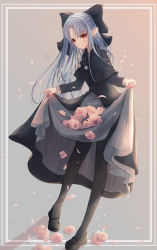 Rule 34 | 1girl, black dress, black footwear, black pantyhose, blue hair, bow, chaa art, commission, dress, flower, full body, grey background, hair bow, highres, len (tsukihime), long hair, long sleeves, looking at viewer, pantyhose, parted bangs, pointy ears, red eyes, skeb commission, skirt basket, solo, standing, tsukihime