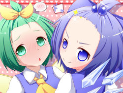 Rule 34 | &gt;:), 2girls, alternate hairstyle, ascot, blue dress, blue eyes, blue hair, blush, bow, chestnut mouth, cirno, daiyousei, dress, fairy wings, forehead, green eyes, green hair, hair bobbles, hair bow, hair ornament, hair ribbon, highres, looking at viewer, makuran, multiple girls, ribbon, shirt, smile, spoken blush, topknot, touhou, v-shaped eyebrows, wings