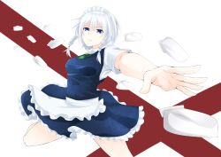 Rule 34 | &gt;:(, 1girl, absurdres, apron, ascot, bad id, bad pixiv id, blue dress, blue eyes, braid, breasts, closed mouth, dress, foreshortening, frilled dress, frills, frown, highres, incoming attack, izayoi sakuya, knife, leg up, looking at viewer, maid, maid headdress, medium breasts, serious, short hair, short sleeves, silver hair, solo, surota, touhou, twin braids, v-shaped eyebrows, waist apron