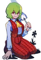 Rule 34 | 1girl, ascot, collared shirt, flower, full body, green hair, hair between eyes, highres, holding, holding umbrella, iganashi1, kazami yuuka, long sleeves, looking at viewer, looking to the side, one-hour drawing challenge, open clothes, open vest, over shoulder, pants, parasol, plaid, plaid pants, plaid vest, raised eyebrow, red eyes, red pants, red vest, seiza, shadow, shirt, shoes, short hair, silhouette, simple background, sitting, smile, solo, touhou, umbrella, vest, wavy hair, white background, white shirt, yellow ascot
