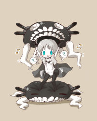 Rule 34 | 1girl, = =, abyssal ship, arinu, arms up, beamed quavers, blue eyes, blush stickers, bodysuit, cape, chibi, dancing, empty eyes, gloves, grey hair, headgear, kantai collection, monster girl, musical note, open mouth, pale skin, parody, personification, quaver, sazae-san, short hair, sidelocks, simple background, sleeveless, solo, speech bubble, teeth, tentacles, translated, turret, wo-class aircraft carrier