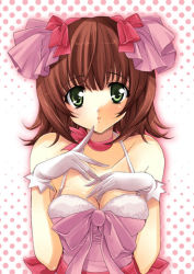 Rule 34 | 00s, 1girl, amami haruka, bare shoulders, breasts, breasts squeezed together, brown hair, choker, cleavage, cute &amp; girly (idolmaster), finger to mouth, gloves, green eyes, idolmaster, idolmaster (classic), idolmaster 1, looking at viewer, ribbon, ribbon choker, solo, upper body, yukiwo