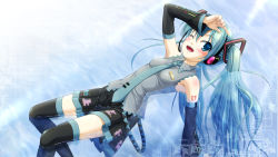 Rule 34 | 1girl, aqua eyes, aqua hair, blush, detached sleeves, hatsune miku, headset, highres, long hair, natsuhime yuran, necktie, one eye closed, open mouth, partially submerged, skirt, solo, thighhighs, twintails, very long hair, vocaloid, water, wink
