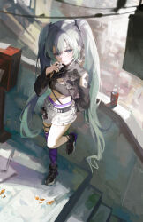 Rule 34 | 1girl, aqua eyes, aqua hair, asymmetrical legwear, belt, black jacket, black nails, black tank top, clothing cutout, commentary, crop top, cropped jacket, expressionless, from above, full body, grey shorts, hair between eyes, hand up, hatsune miku, highres, jacket, leg up, long hair, long sleeves, looking at viewer, mada (shizhou), mismatched legwear, nail polish, purple thighhighs, shoes, short shorts, shorts, shoulder cutout, sidelocks, single thighhigh, sneakers, solo, stairs, standing, standing on one leg, tank top, thighhighs, twintails, very long hair, vocaloid