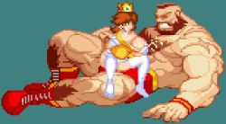 Rule 34 | 1girl, capcom, clothed female nude male, clothed sex, cowgirl position, lowres, mario (series), nintendo, nude, pixel art, princess daisy, sex, straddling, street fighter, super mario bros. 1, super mario land, vaginal, zangief