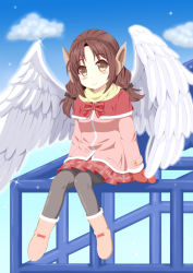 Rule 34 | 1girl, angel wings, black ribbon, blue sky, boots, bow, brown eyes, brown hair, capelet, cloud, coat, commentary request, day, earmuffs, eyes visible through hair, feathered wings, full body, grey pantyhose, hair ribbon, knees together feet apart, long hair, looking at viewer, low twintails, mittens, original, pantyhose, pink coat, plaid, plaid skirt, pleated skirt, red bow, red capelet, red mittens, red skirt, ribbon, scarf, sitting, skirt, sky, smile, solo, takahiko, twintails, white wings, wings, yellow scarf